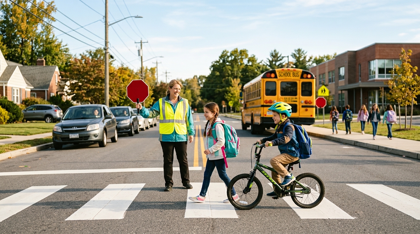 Children safely walking and biking to school near a crosswalk