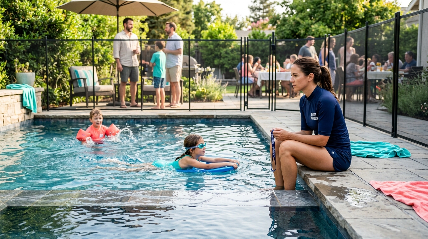 Designated adult water watcher closely supervising children in a swimming pool
