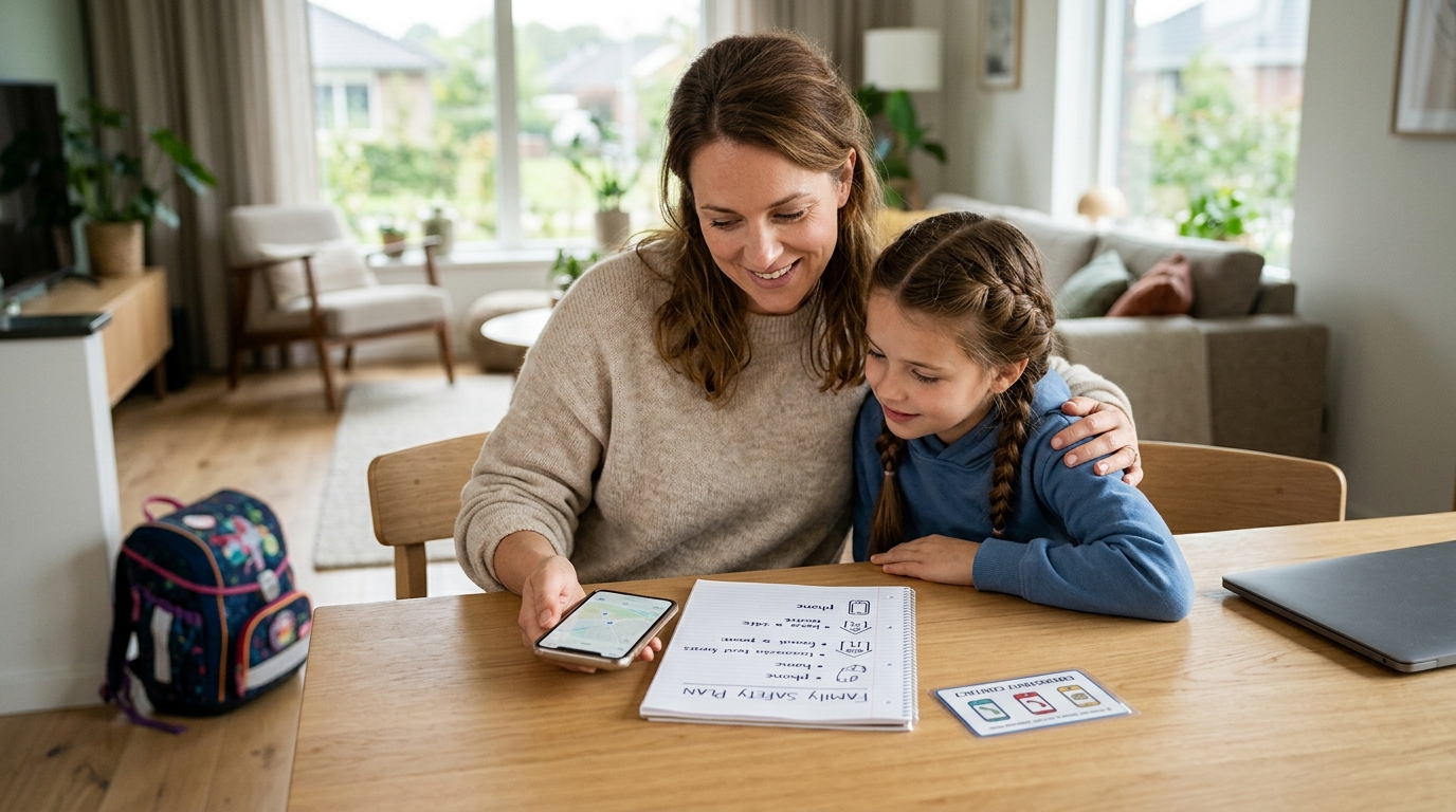 Parent and child reviewing online safety and after-school plans