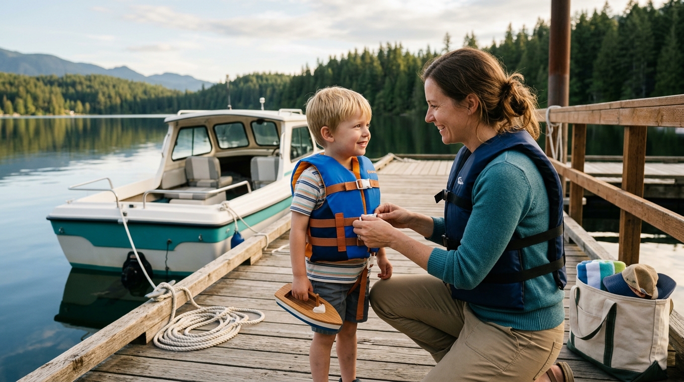 Parent checking a child's properly fitted life jacket before boating