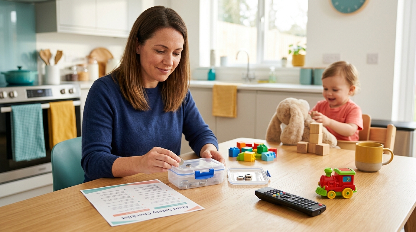 Parent checking button batteries and magnetic toys for child safety hazards