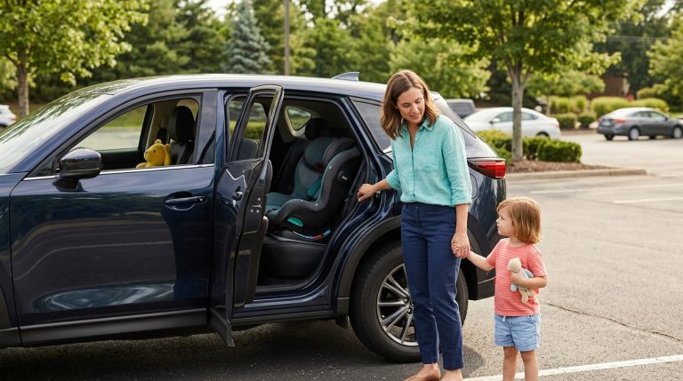 Parent checking the back seat to prevent child heatstroke in a hot car