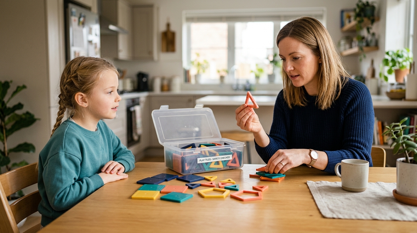 Parent inspecting and counting magnetic toy pieces for child safety