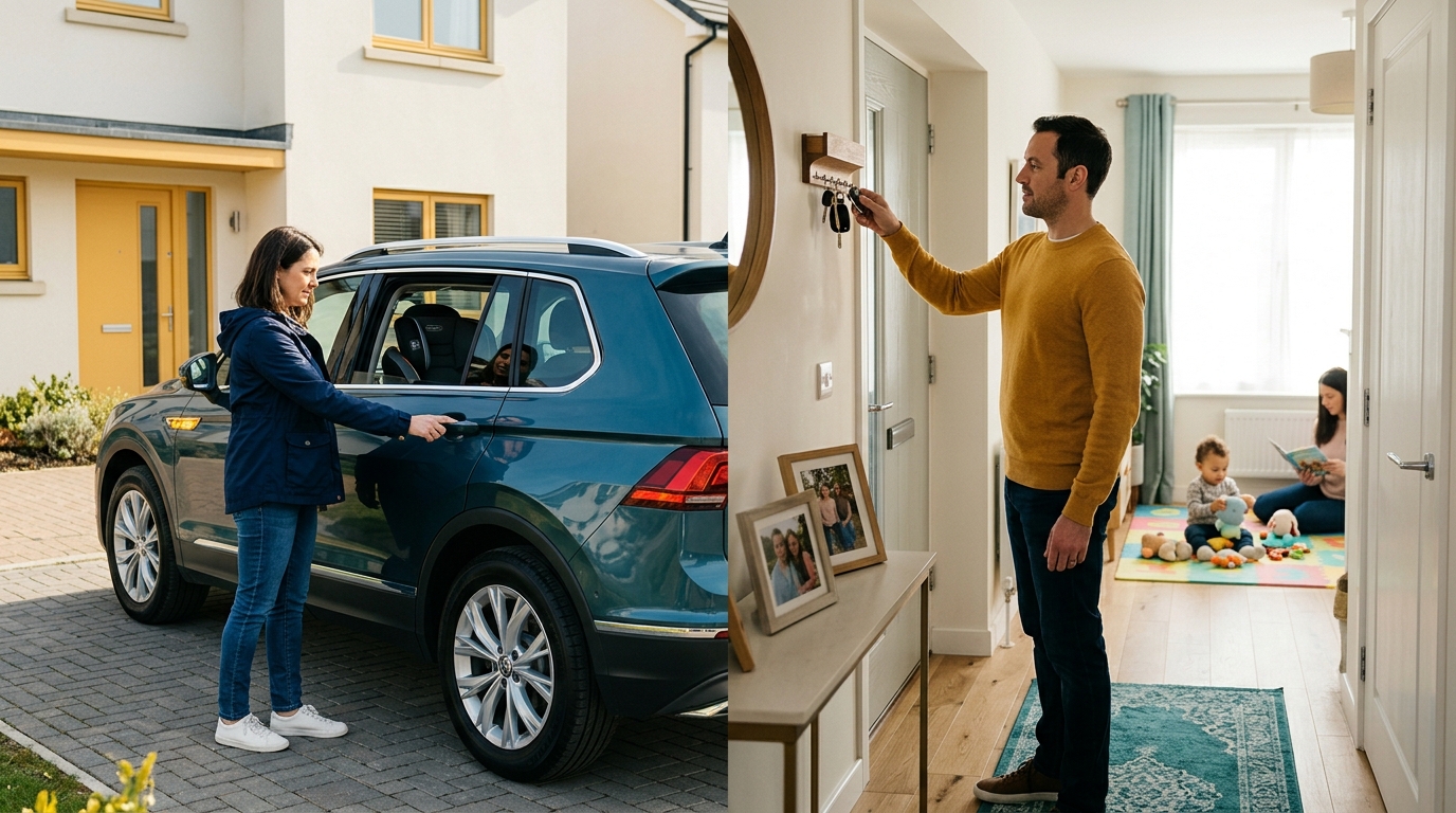 Parent locking a parked vehicle and storing car keys out of a child's reach