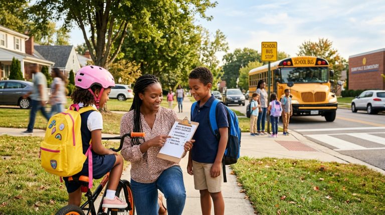 Parent reviewing a back-to-school safety checklist with children