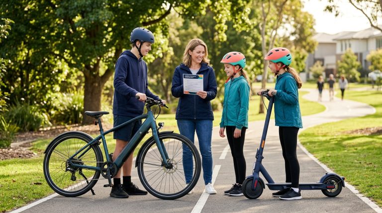 Parent reviewing e-bike and e-scooter safety with helmeted teens