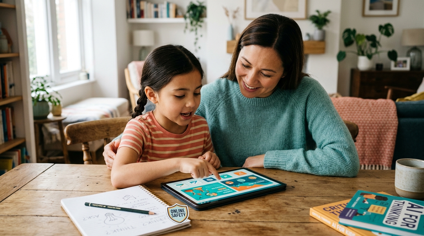 Parent supervising a child's age-appropriate use of an AI learning tool