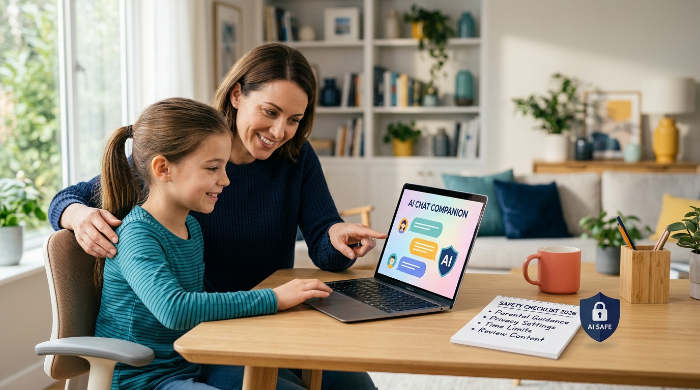 Parent teaching a child how to use an AI chatbot safely