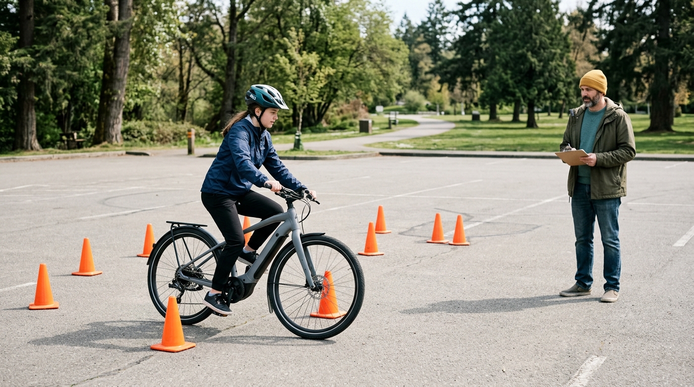 Teen practicing safe e-bike braking and turning while wearing a helmet