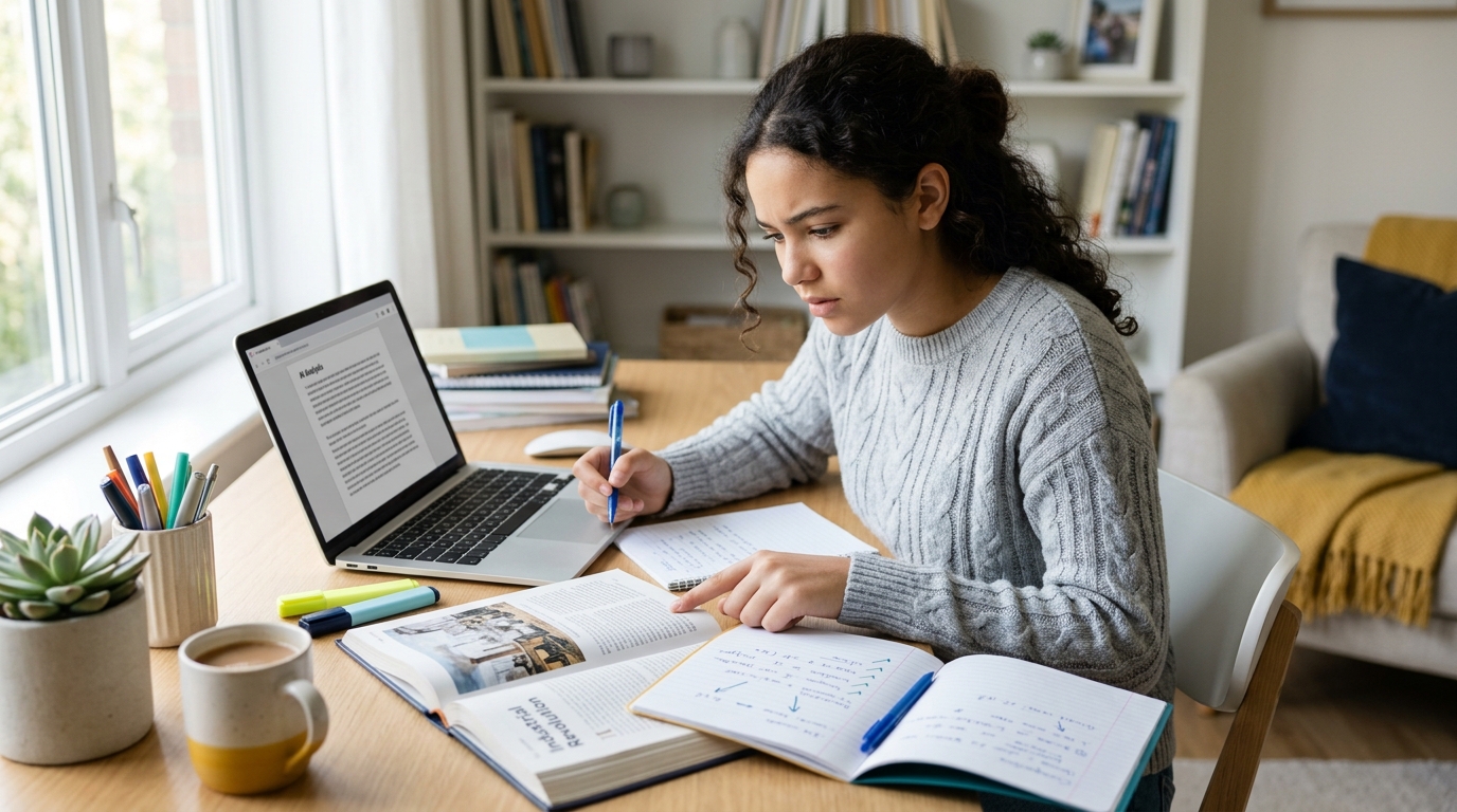 Teen verifying an AI chatbot answer with textbooks and study notes