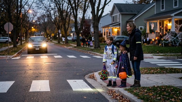 Halloween safety checklist 2026 with parent and children crossing safely while trick-or-treating
