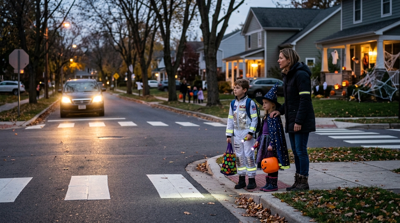 Halloween safety checklist 2026 with parent and children crossing safely while trick-or-treating