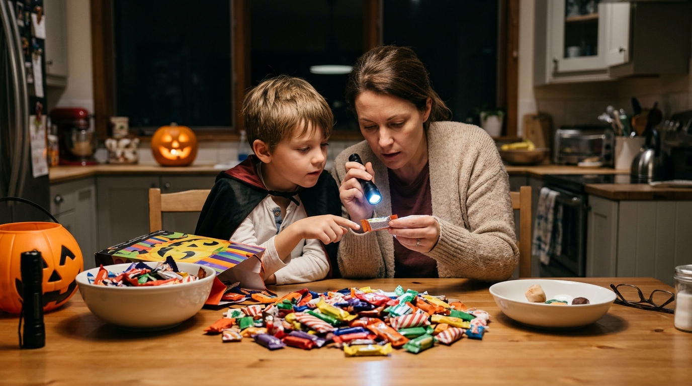 Parent checking Halloween candy labels and treats with a child after trick-or-treating