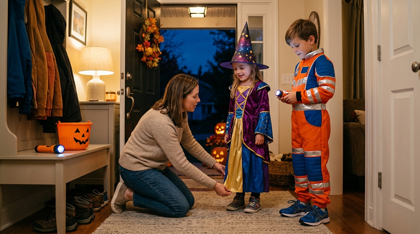 Parent checking Halloween costume fit visibility and reflective details before trick-or-treating